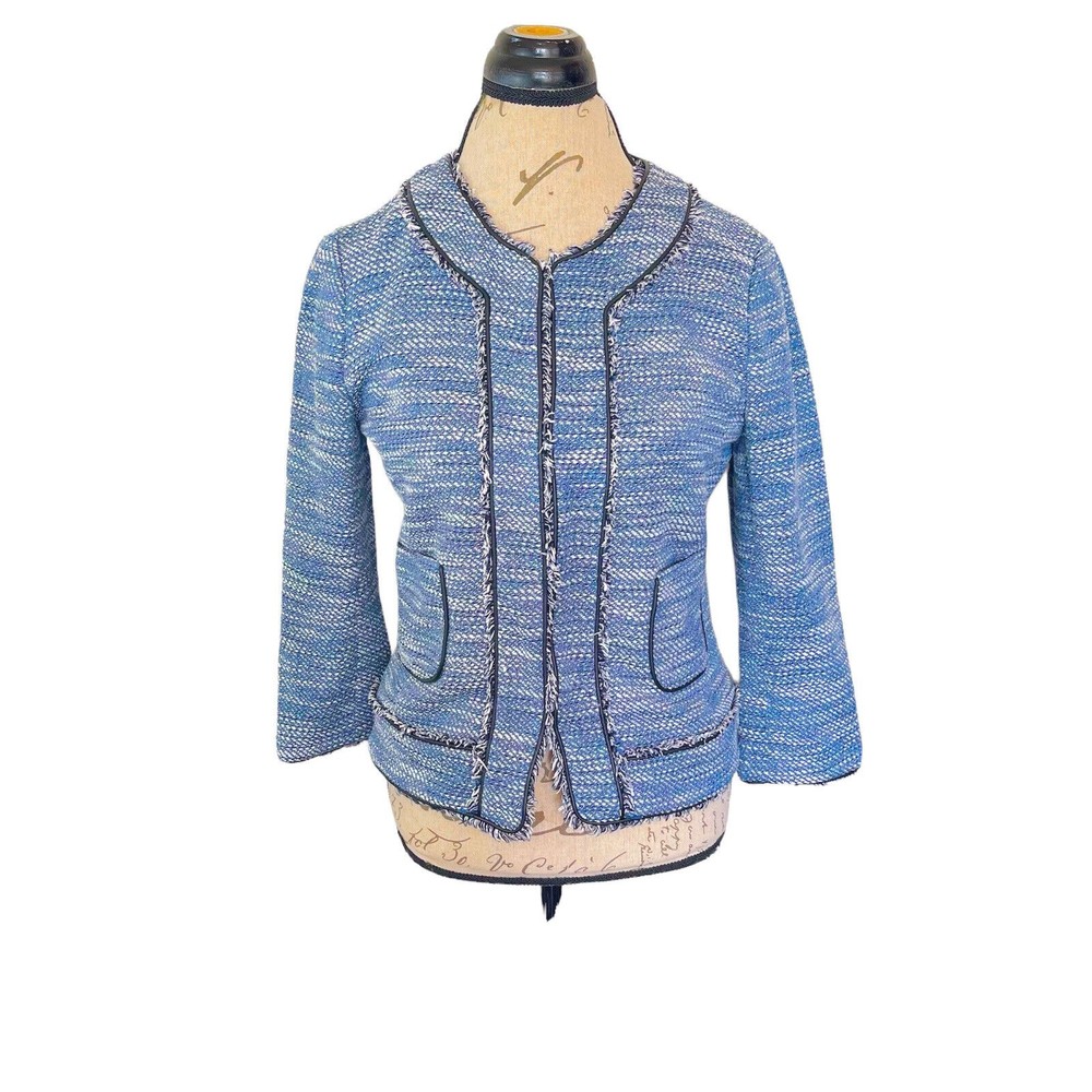 Ann Taylor Jacket Blazer Tweed Lined Pockets Piping Fringed Edges Cropped